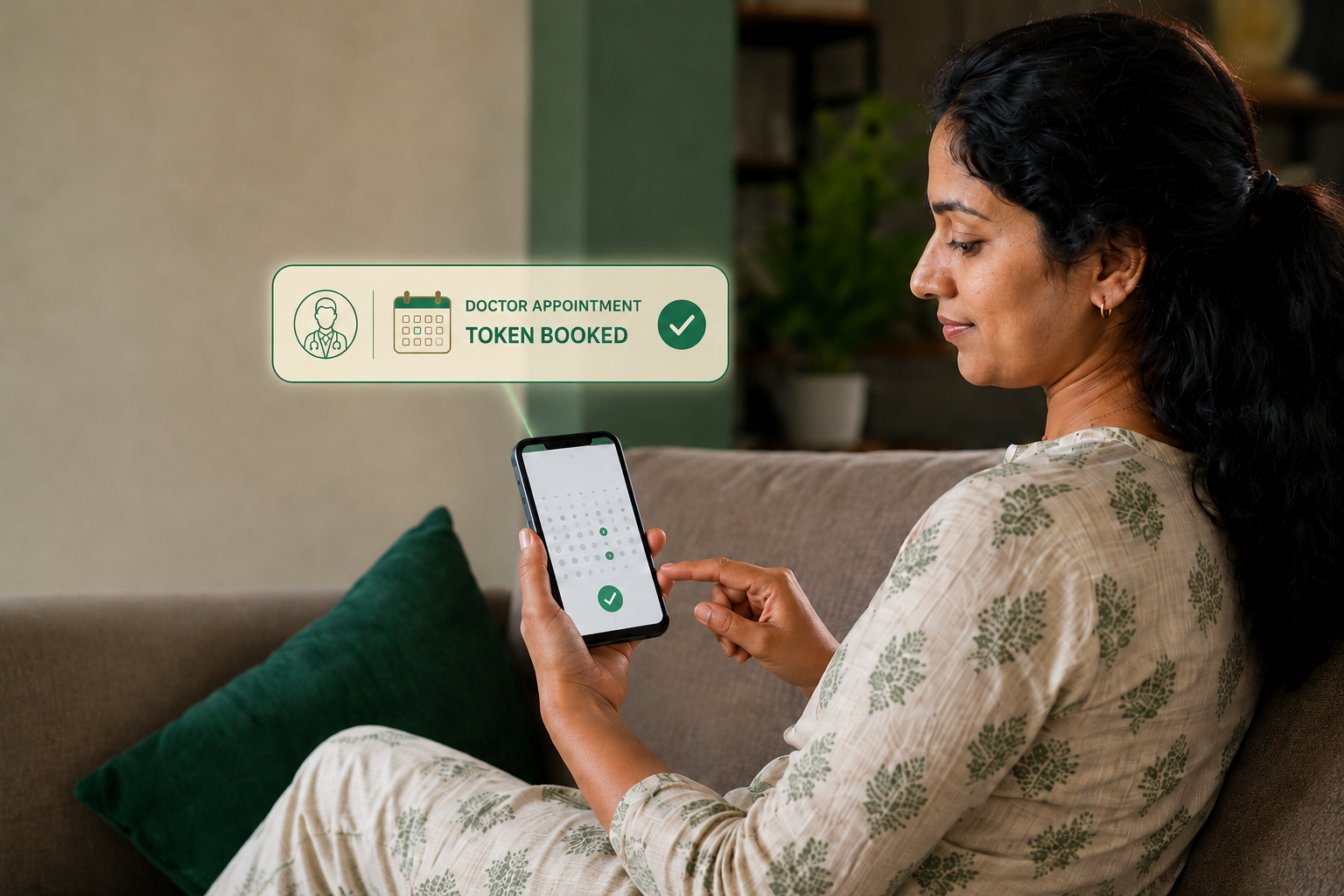 A woman using her smartphone to manage an outpatient appointment from home